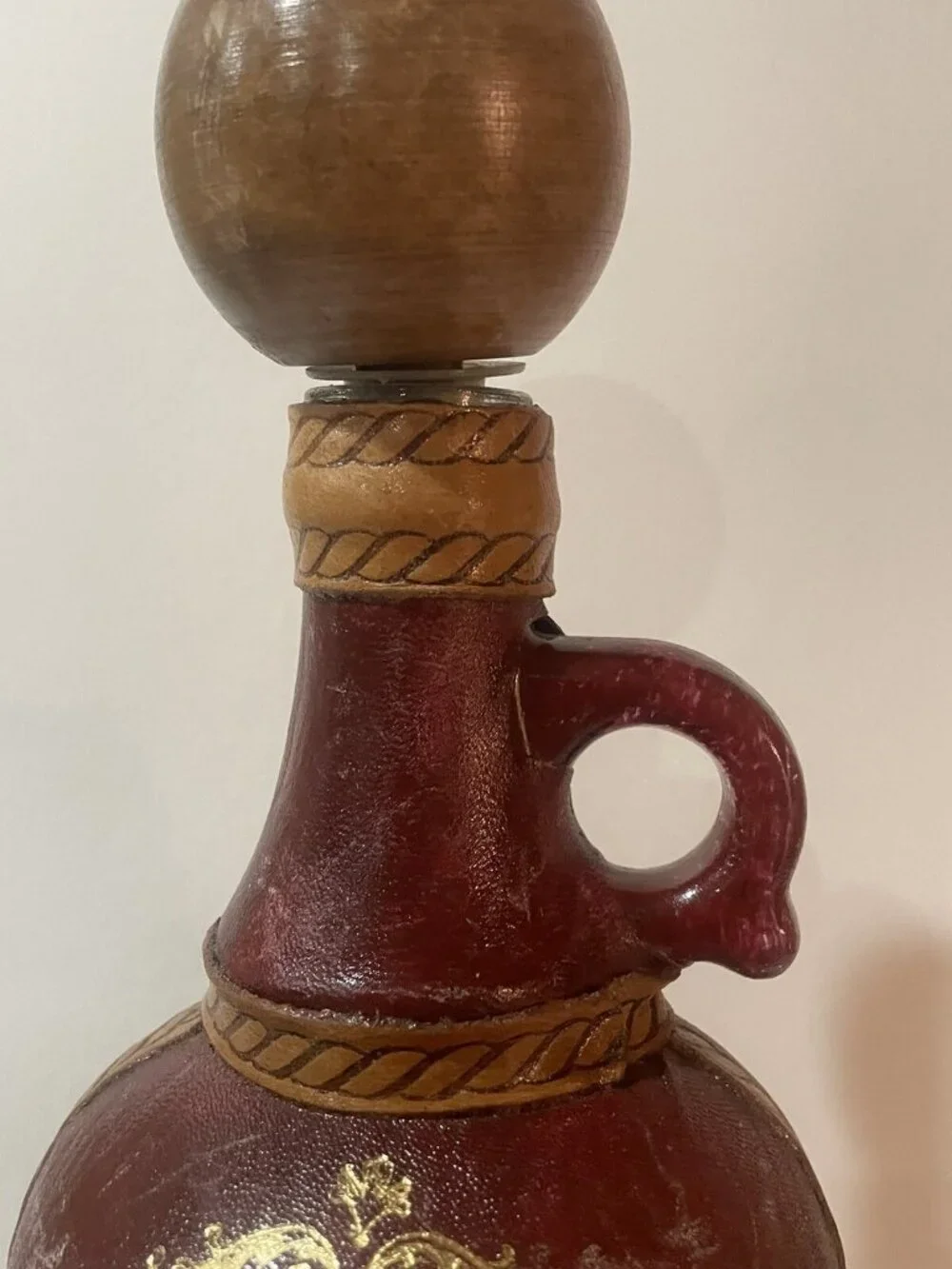 Fausto Corduri-Leather Wrap Nautical Liquor Bottle w Clipper Ship Flag Wood Top